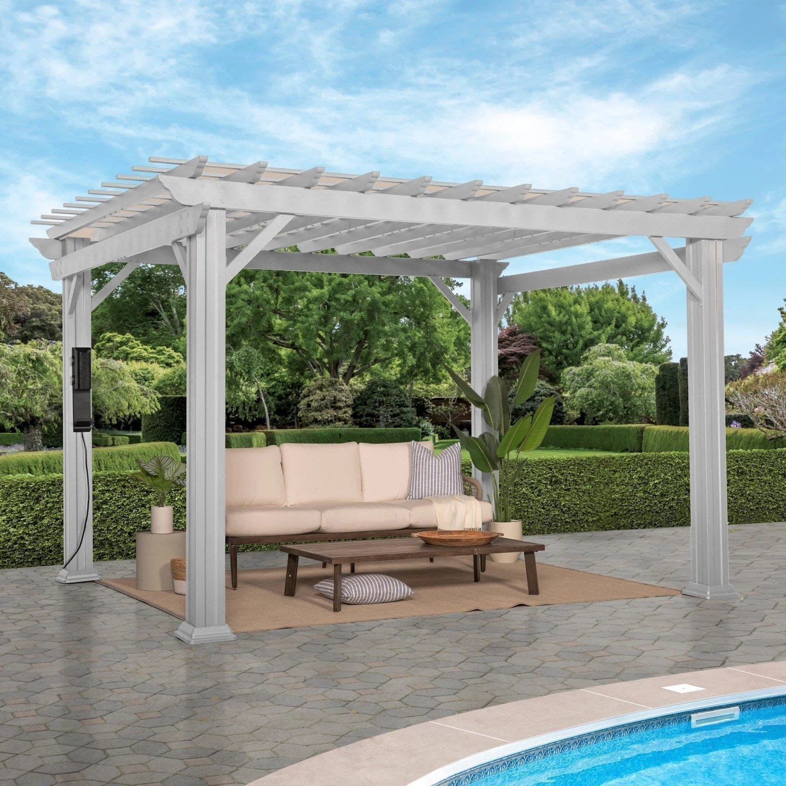 img-1645.jpg Hawthorne Traditional Steel Pergola With Sail Shade Soft Canopy 12×10 - Image 1